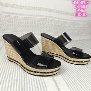 Karl Lagerfeld Clear Strap Rope Wedge Sandals Black Espadrille Size 8M NEW